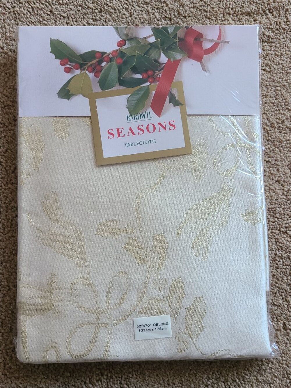 Bardwil Seasons "Holiday Tidings" Ivory Metallic Gold Tablecloth - 52x70 Oblong